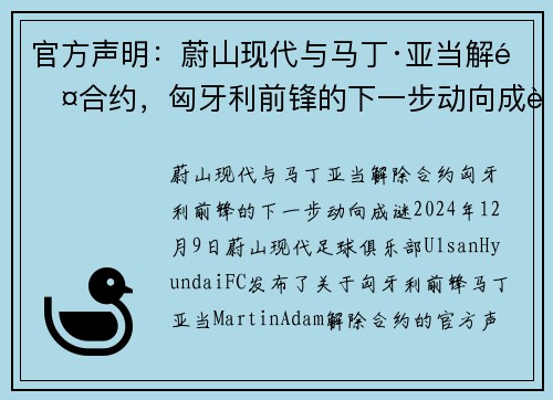 官方声明：蔚山现代与马丁·亚当解除合约，匈牙利前锋的下一步动向成谜