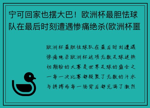 宁可回家也摆大巴！欧洲杯最胆怯球队在最后时刻遭遇惨痛绝杀(欧洲杯噩耗)