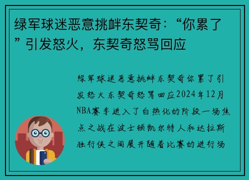 绿军球迷恶意挑衅东契奇：“你累了” 引发怒火，东契奇怒骂回应