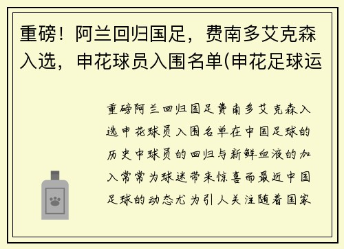 重磅！阿兰回归国足，费南多艾克森入选，申花球员入围名单(申花足球运动员)