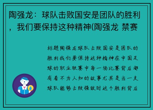 陶强龙：球队击败国安是团队的胜利，我们要保持这种精神(陶强龙 禁赛)